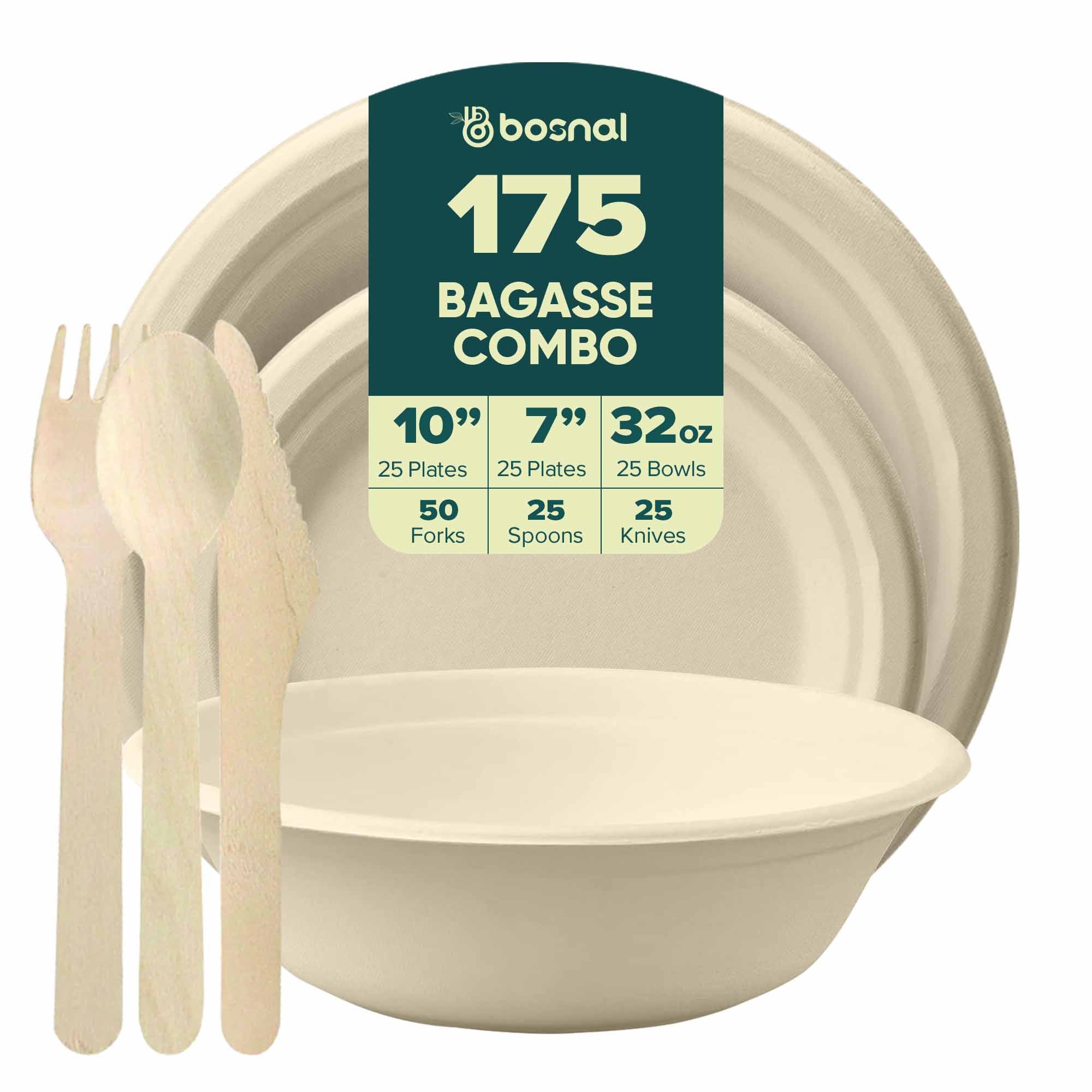 10 Inch & 7 Inch Round Plates with 32 oz Bowls, 100% Plant-Based Sugarcane Bagasse, Compostable, Microwave Safe Dinnerware