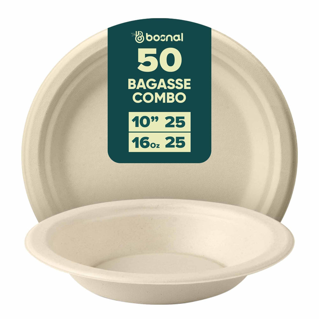 10 Inch Round Plates with 16 oz Bowls, 100% Plant-Based Sugarcane Bagasse, Compostable, Microwave Safe, Eco-Friendly Dinnerware