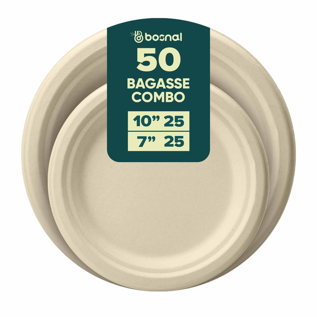 10 Inch & 7 Inch Round Plates, 100% Plant-Based Sugarcane Bagasse, Compostable, Microwave Safe, Eco-Friendly Disposable Plates
