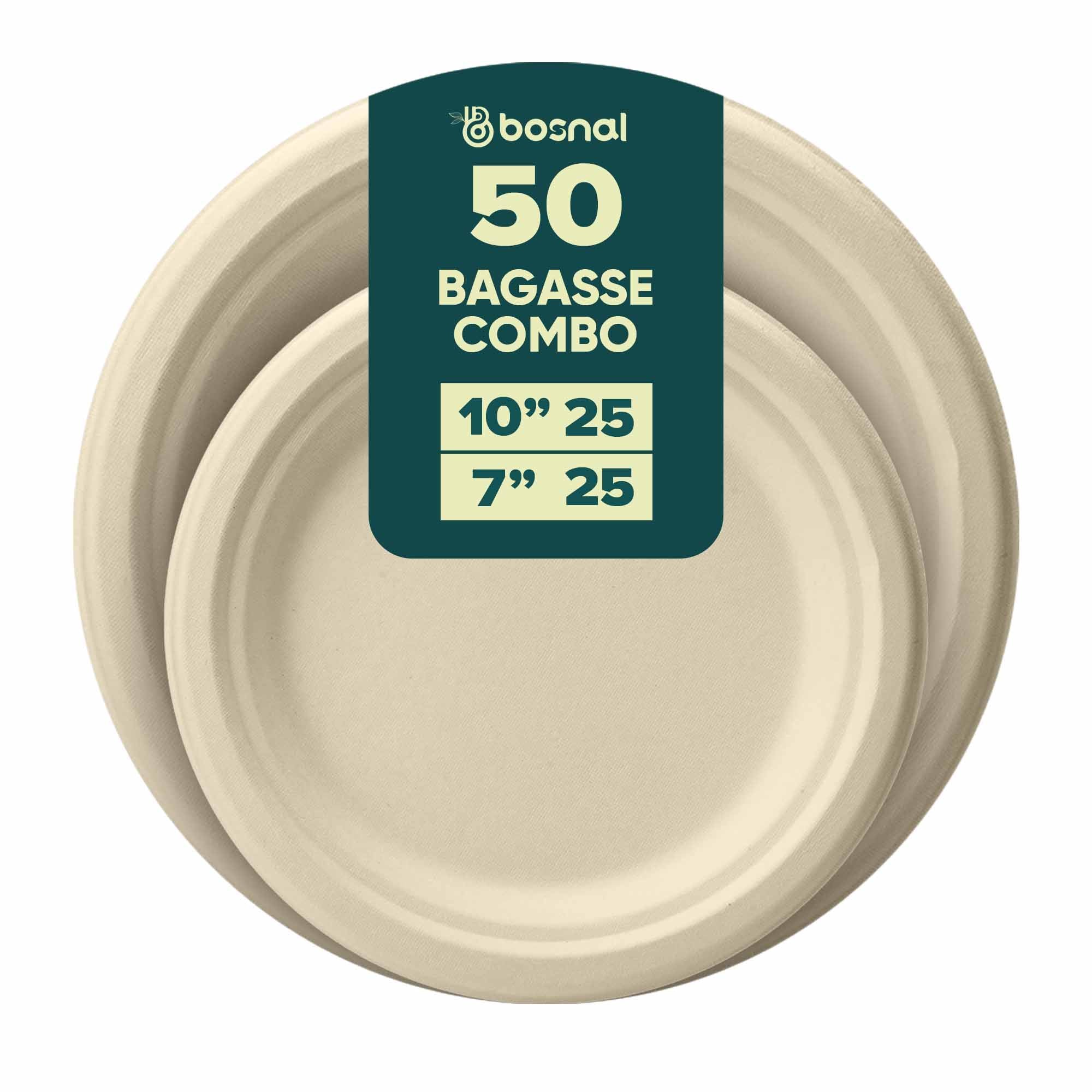 10 Inch & 7 Inch Round Plates, 100% Plant-Based Sugarcane Bagasse, Compostable, Microwave Safe, Eco-Friendly Disposable Plates