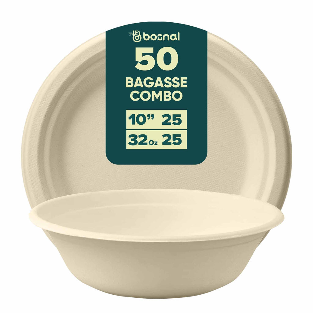 10 Inch Round Plates with 32 Oz Bowls, Sugarcane Bagasse Compostable Dinnerware, Eco-Friendly, Microwave Safe, BPA-Free