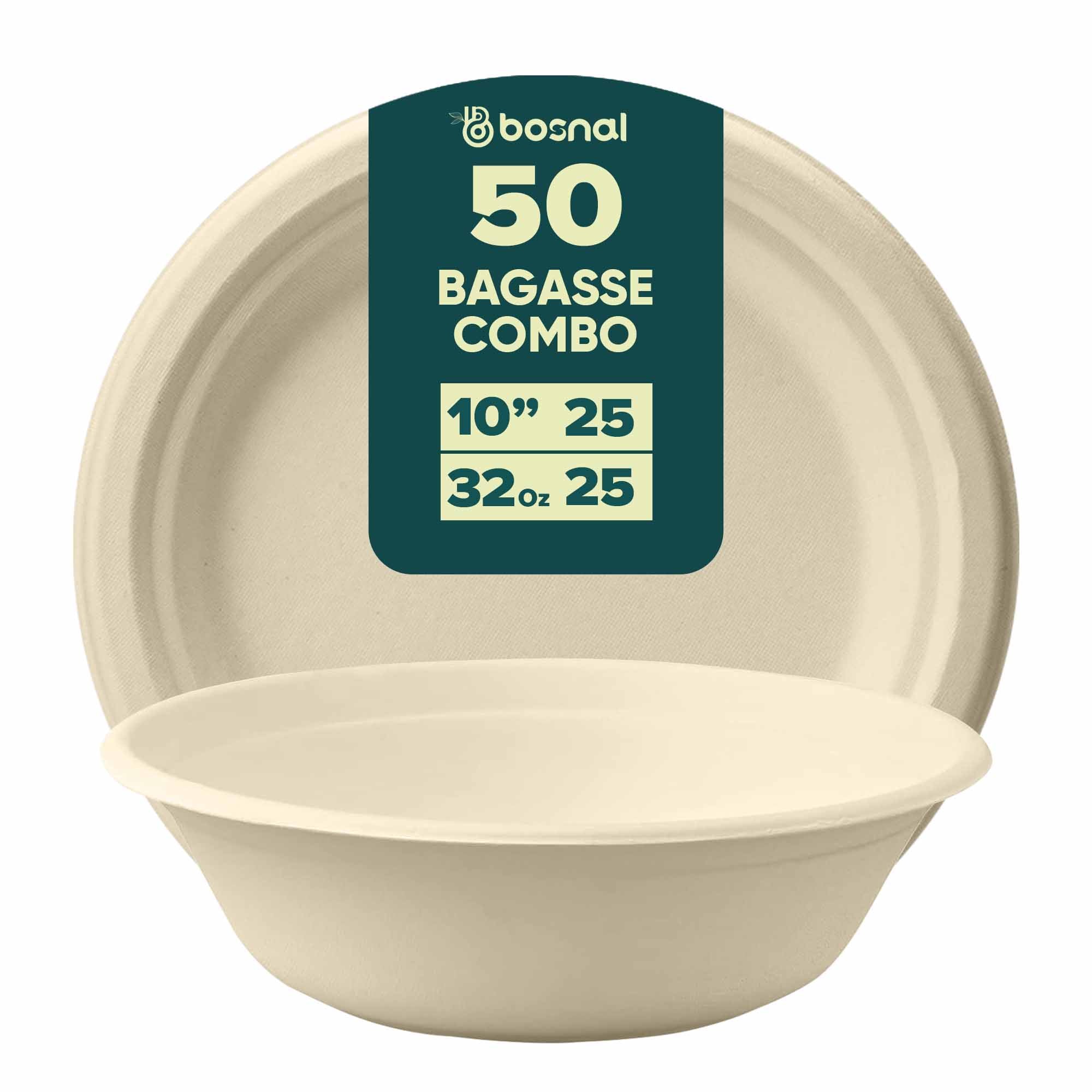 10 Inch Round Plates with 32 Oz Bowls, Sugarcane Bagasse Compostable Dinnerware, Eco-Friendly, Microwave Safe, BPA-Free