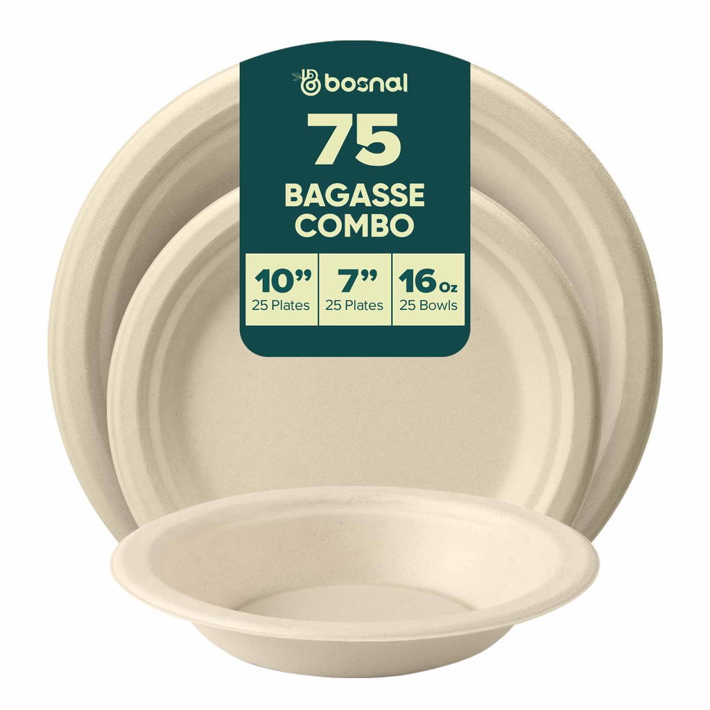 10 Inch & 7 Inch Round Plates with 16 oz Bowls, 100% Plant-Based Sugarcane Bagasse, Compostable, Microwave Safe Dinnerware