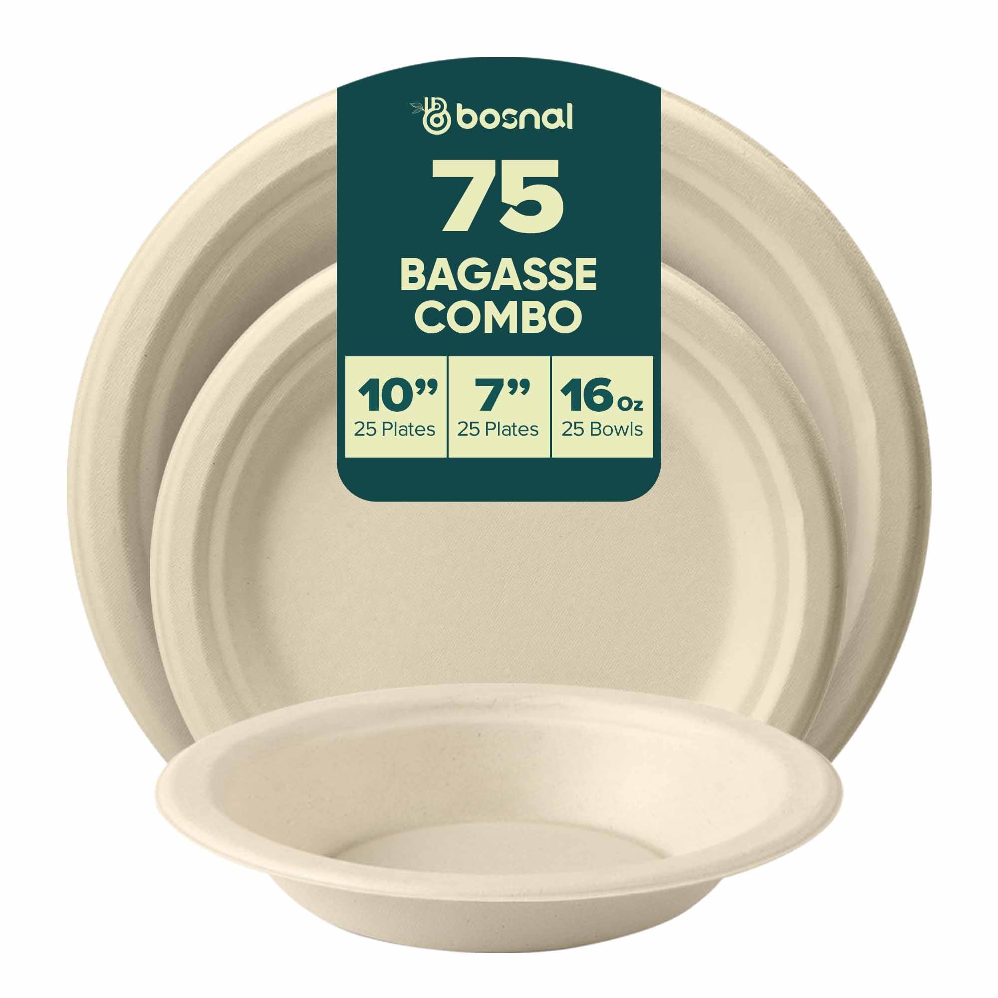 10 Inch & 7 Inch Round Plates with 16 oz Bowls, 100% Plant-Based Sugarcane Bagasse, Compostable, Microwave Safe Dinnerware