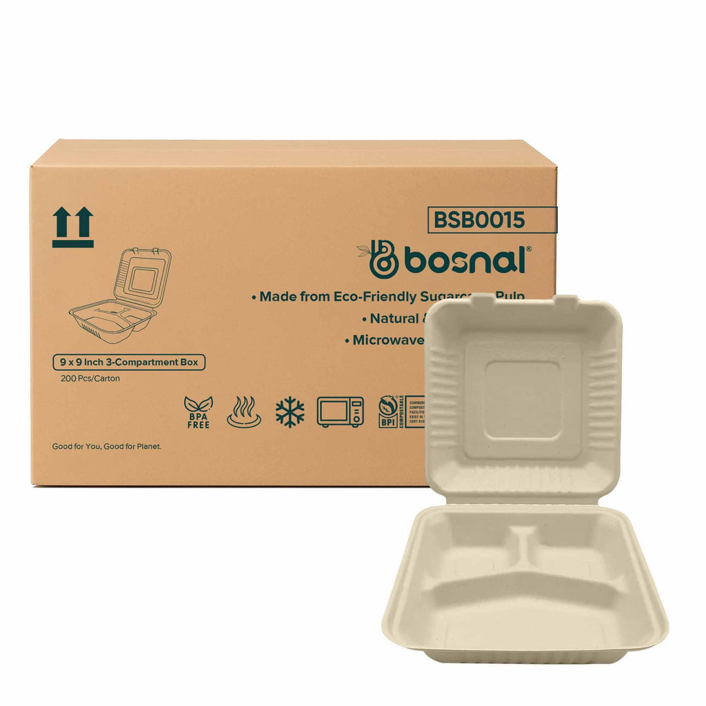 9 Inch 3-Compartment Clamshell Boxes 200 Pcs, 100% Sugarcane Bagasse, Eco-Friendly Takeout Containers, Microwave Safe, BPA-Free