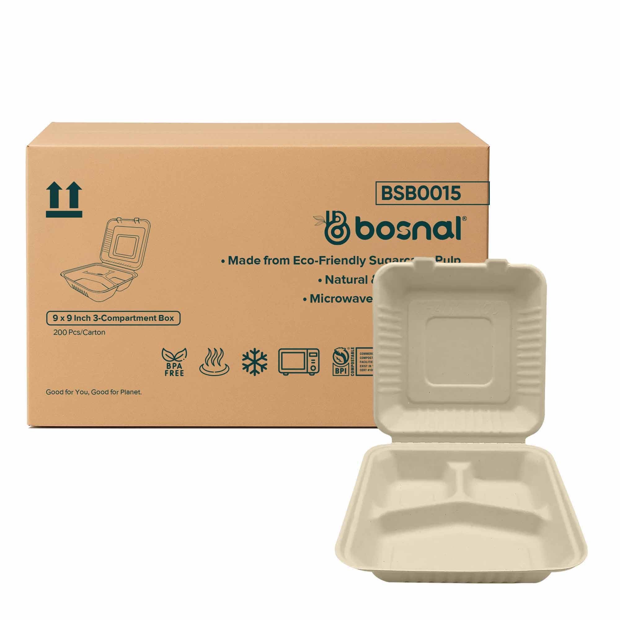 9 Inch 3-Compartment Clamshell Boxes 200 Pcs, 100% Sugarcane Bagasse, Eco-Friendly Takeout Containers, Microwave Safe, BPA-Free