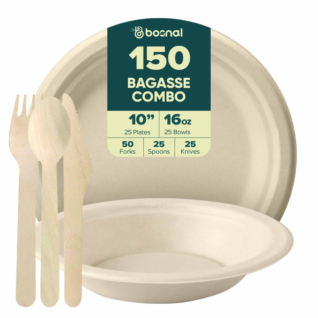 10 Inch Round Plates with 16 Oz Bowls & Cutlery, 100% Plant-Based Sugarcane Bagasse, Compostable, Eco-Friendly, Microwave Safe