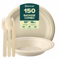 10 Inch Round Plates with 16 Oz Bowls & Cutlery, 100% Plant-Based Sugarcane Bagasse, Compostable, Eco-Friendly, Microwave Safe