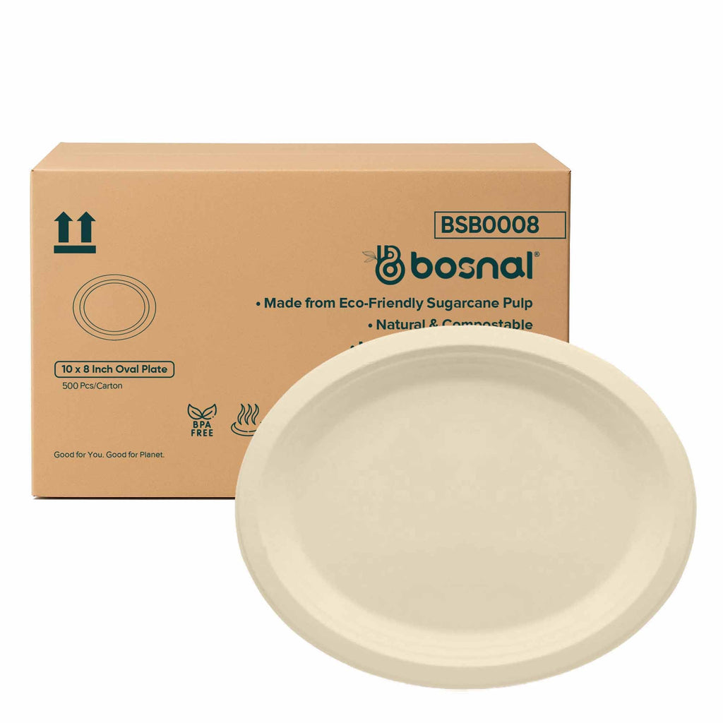 10 Inch Oval Compostable Plates – 500 Pcs, 100% Sugarcane Bagasse, Eco-Friendly Disposable Plates, Microwave Safe, BPA-Free, Sturdy