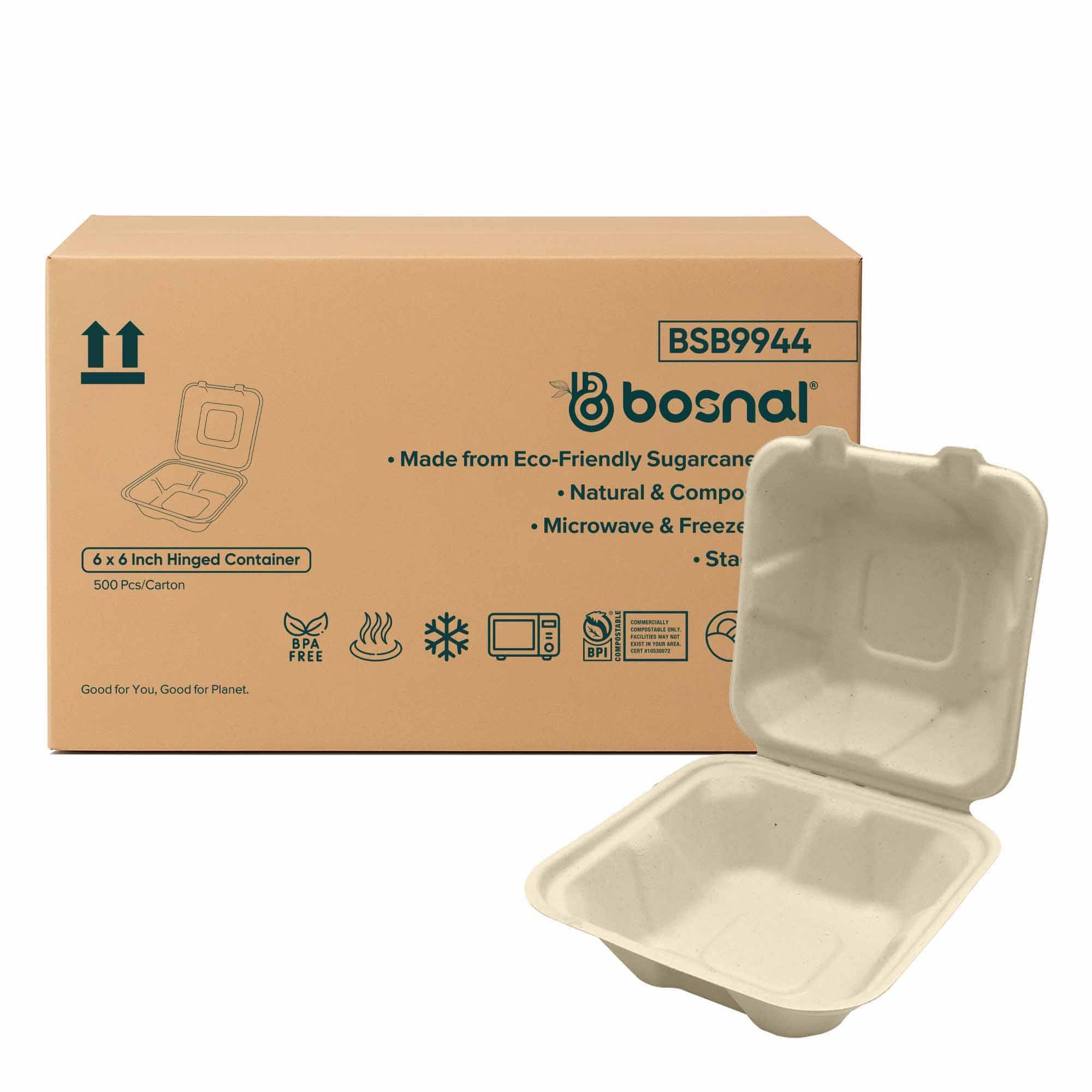 6 Inch Compostable Square Clamshell Containers, 500 Pcs, 100% Sugarcane Bagasse, Microwave Safe, BPA-Free, Eco-Friendly Takeout Boxes