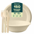 10 Inch Round Compostable Plates, 32 Oz Bowls & Cutlery, Sugarcane Bagasse Eco-Friendly Disposable Tableware