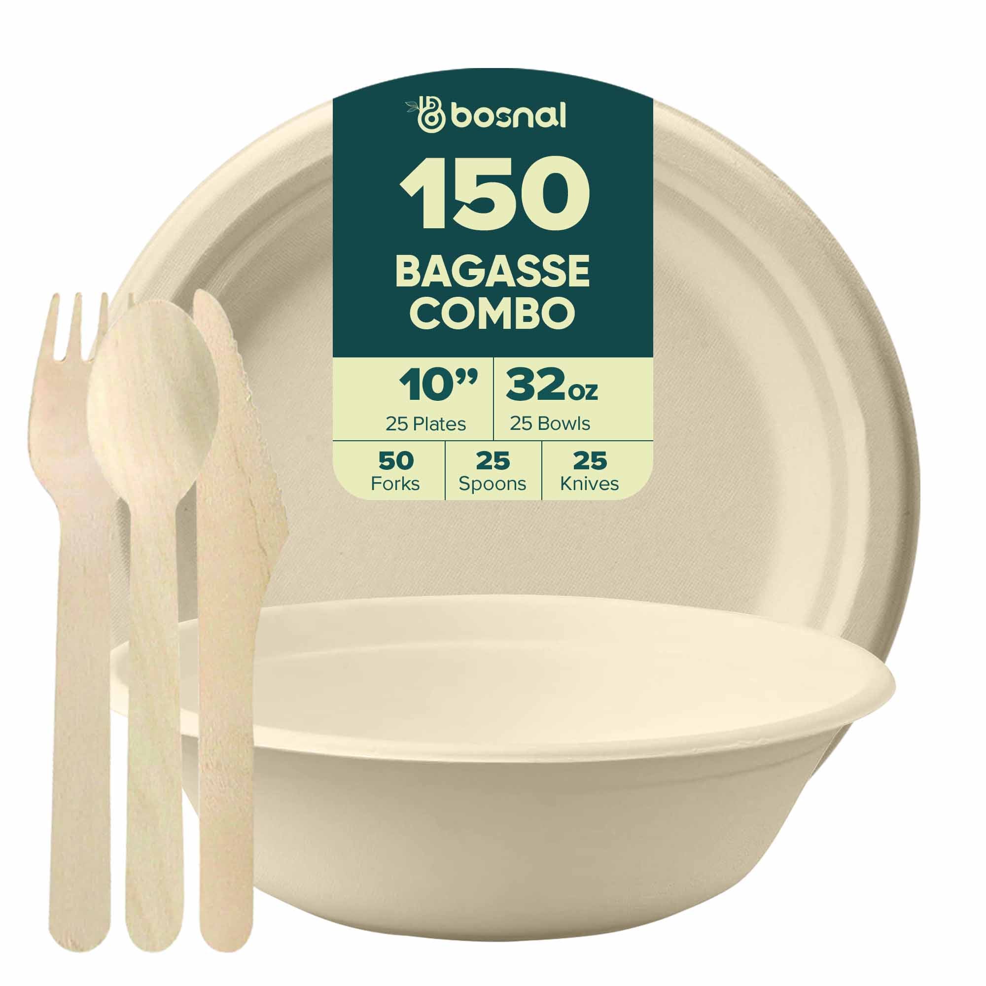 10 Inch Round Compostable Plates, 32 Oz Bowls & Cutlery, Sugarcane Bagasse Eco-Friendly Disposable Tableware
