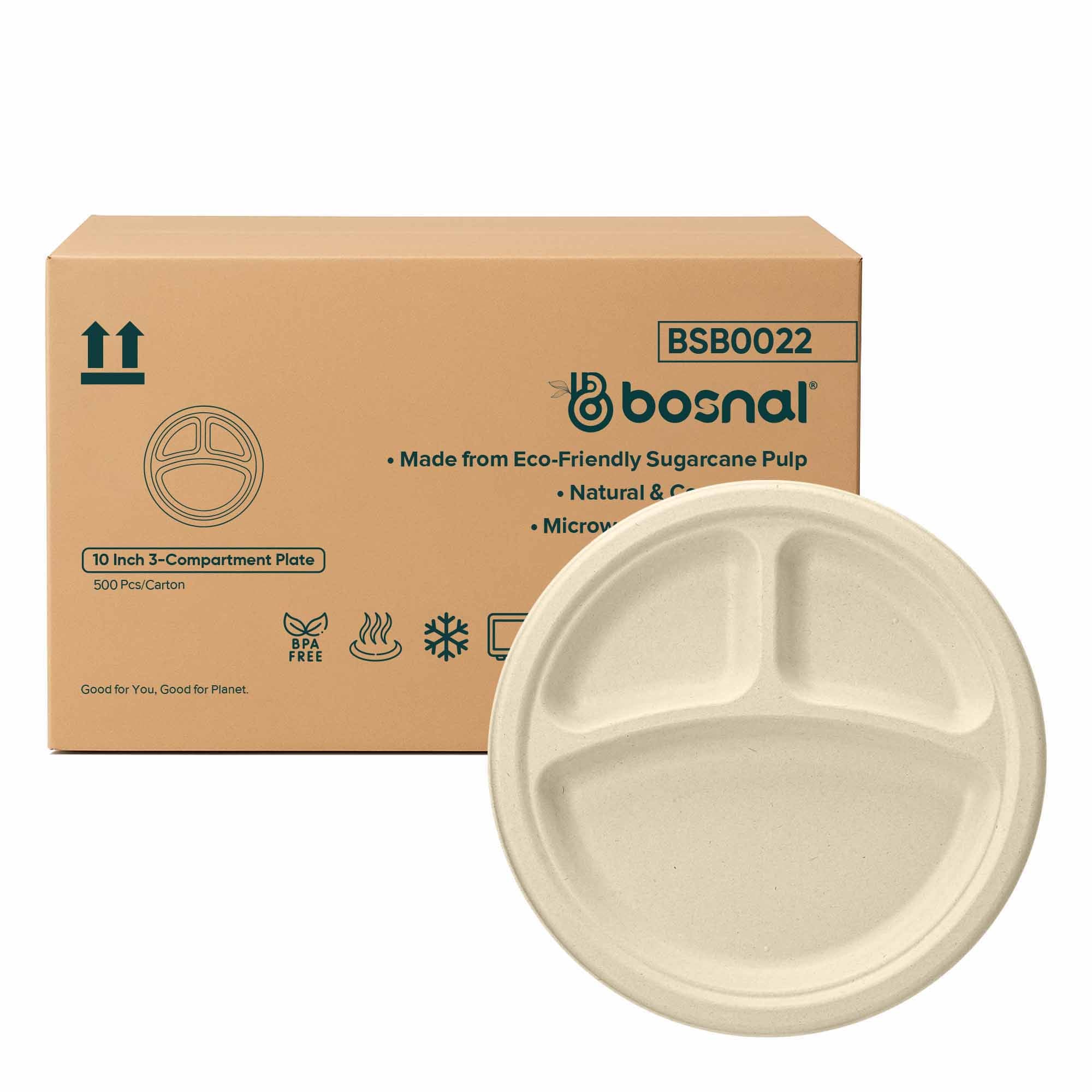 10 Inch Round 3-Compartment Compostable Plates, 500 Pcs, 100% Sugarcane Bagasse, Microwave Safe, BPA-Free, Leak-Resistant