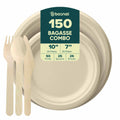 10 Inch & 7 Inch Round Plates with Cutlery, 100% Plant-Based Sugarcane Bagasse, Compostable, Microwave Safe, Eco-Friendly Dinnerware