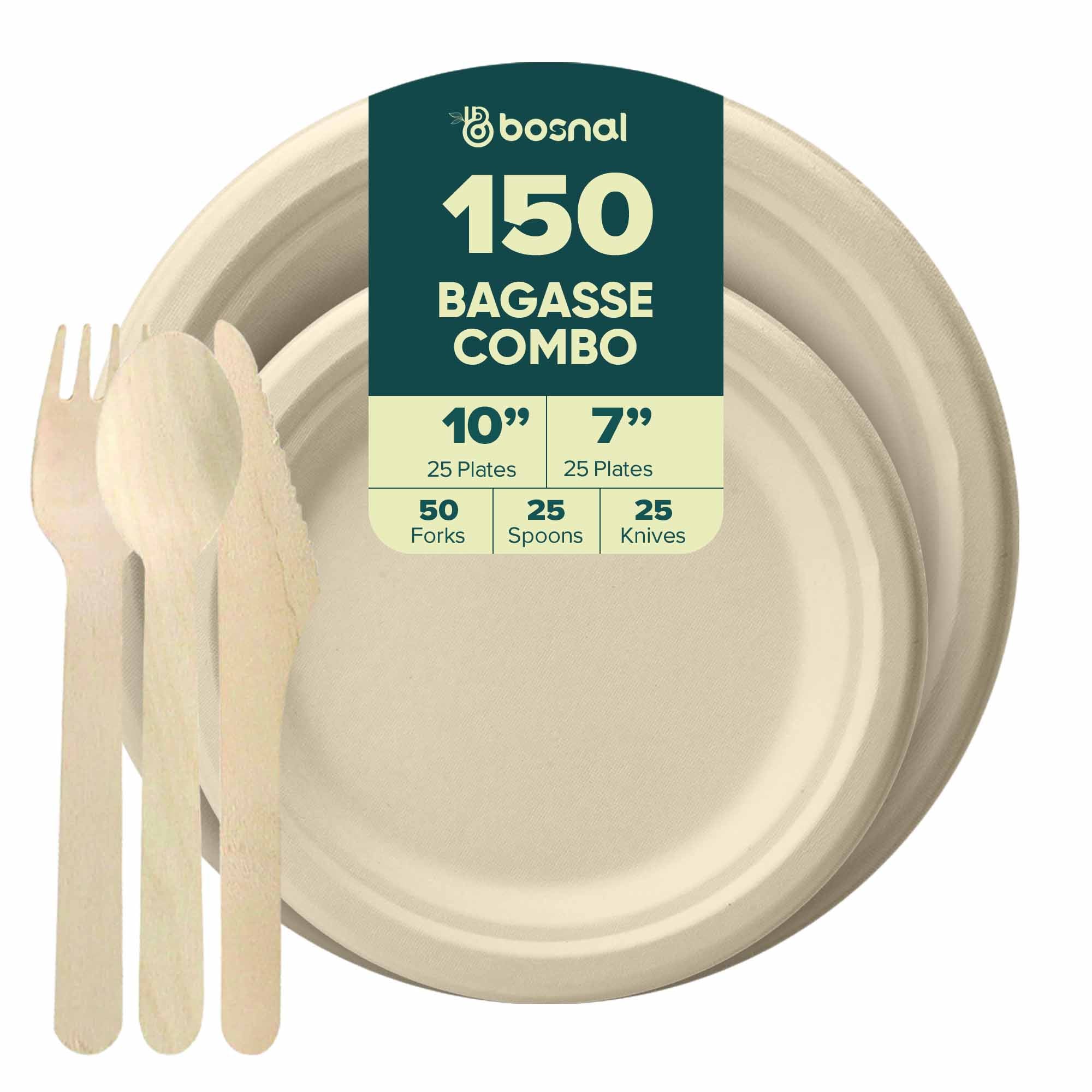 10 Inch & 7 Inch Round Plates with Cutlery, 100% Plant-Based Sugarcane Bagasse, Compostable, Microwave Safe, Eco-Friendly Dinnerware