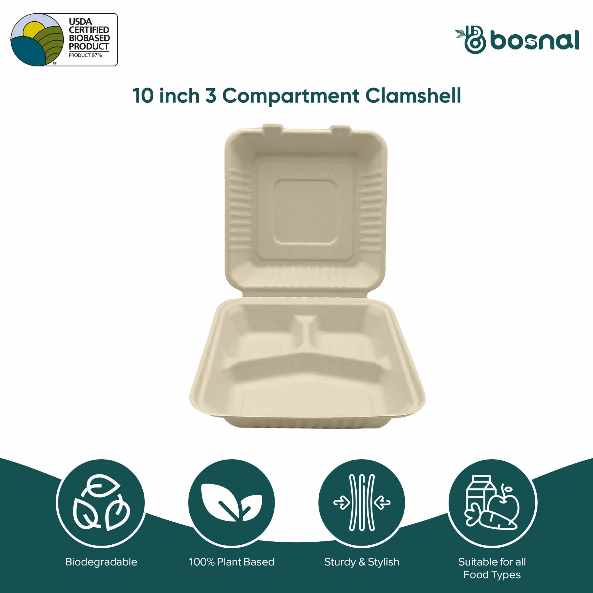 9 Inch 3-Compartment Clamshell Boxes 200 Pcs, 100% Sugarcane Bagasse, Eco-Friendly Takeout Containers, Microwave Safe, BPA-Free