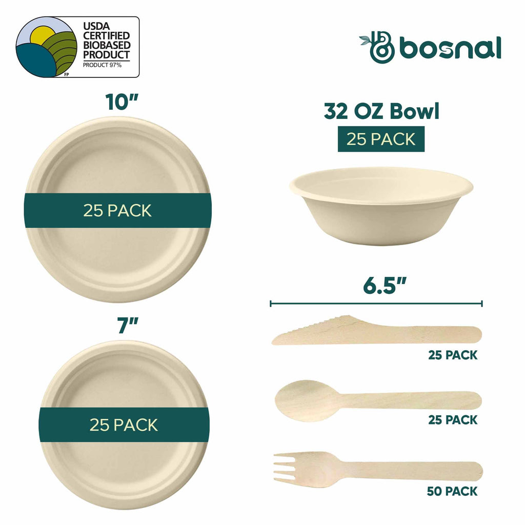 10 Inch & 7 Inch Round Plates with 32 oz Bowls, 100% Plant-Based Sugarcane Bagasse, Compostable, Microwave Safe Dinnerware
