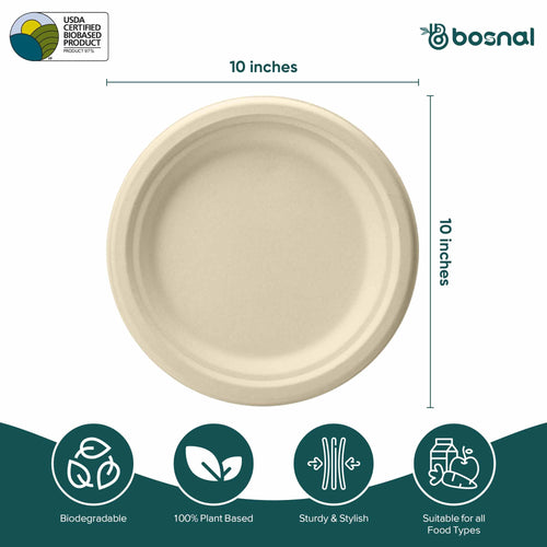 10 Inch Round Bagasse Compostable Plates – Biodegradable Sugarcane Pulp Plates, Sturdy Eco-Friendly Disposable Tableware for Parties & Events