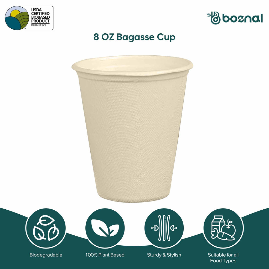 8 Oz Sugarcane Bagasse Compostable Cups with Lids, Eco-Friendly Disposable Cups, Leak-Resistant, Microwave Safe, BPA-Free