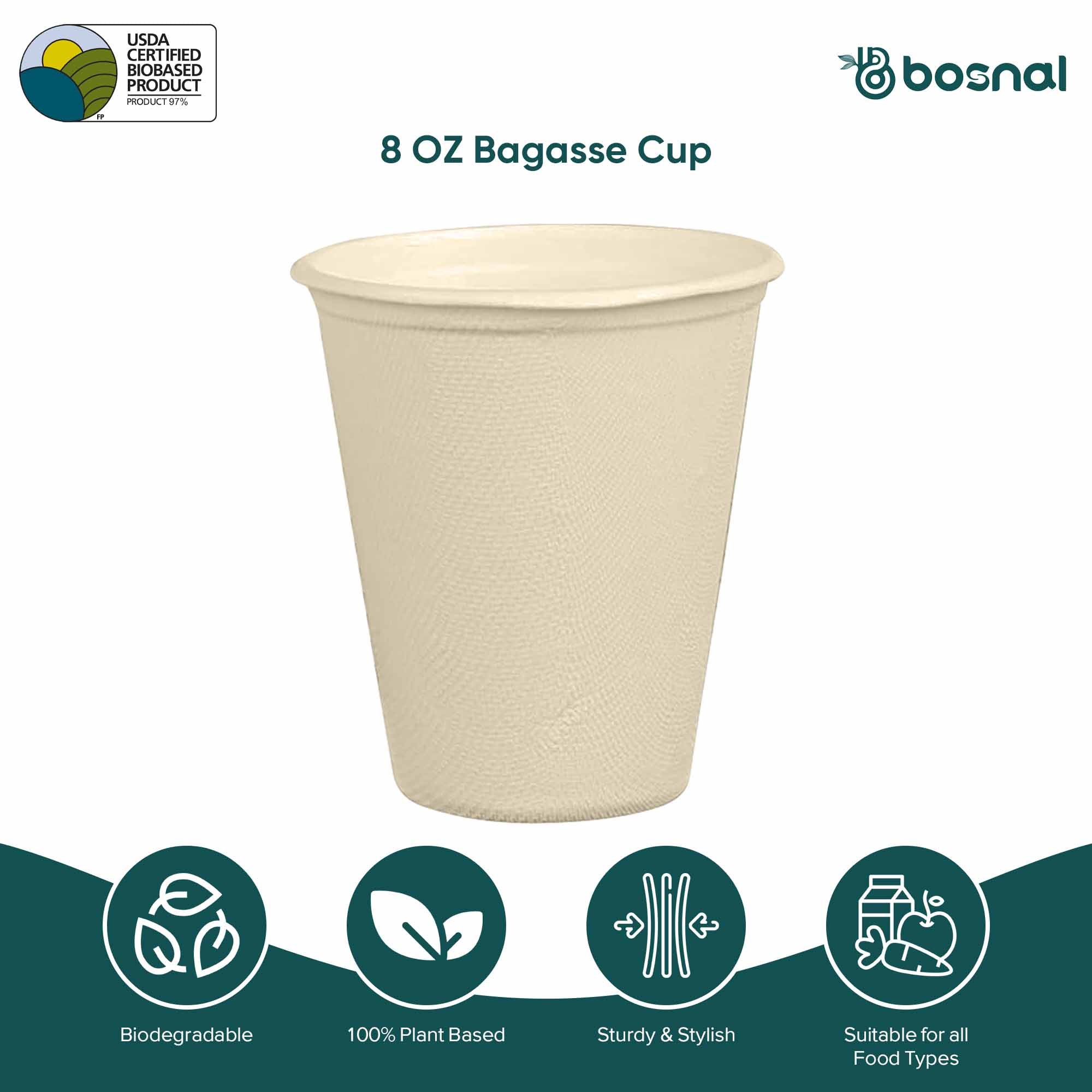 8 Oz Sugarcane Bagasse Compostable Cups with Lids, Eco-Friendly Disposable Cups, Leak-Resistant, Microwave Safe, BPA-Free