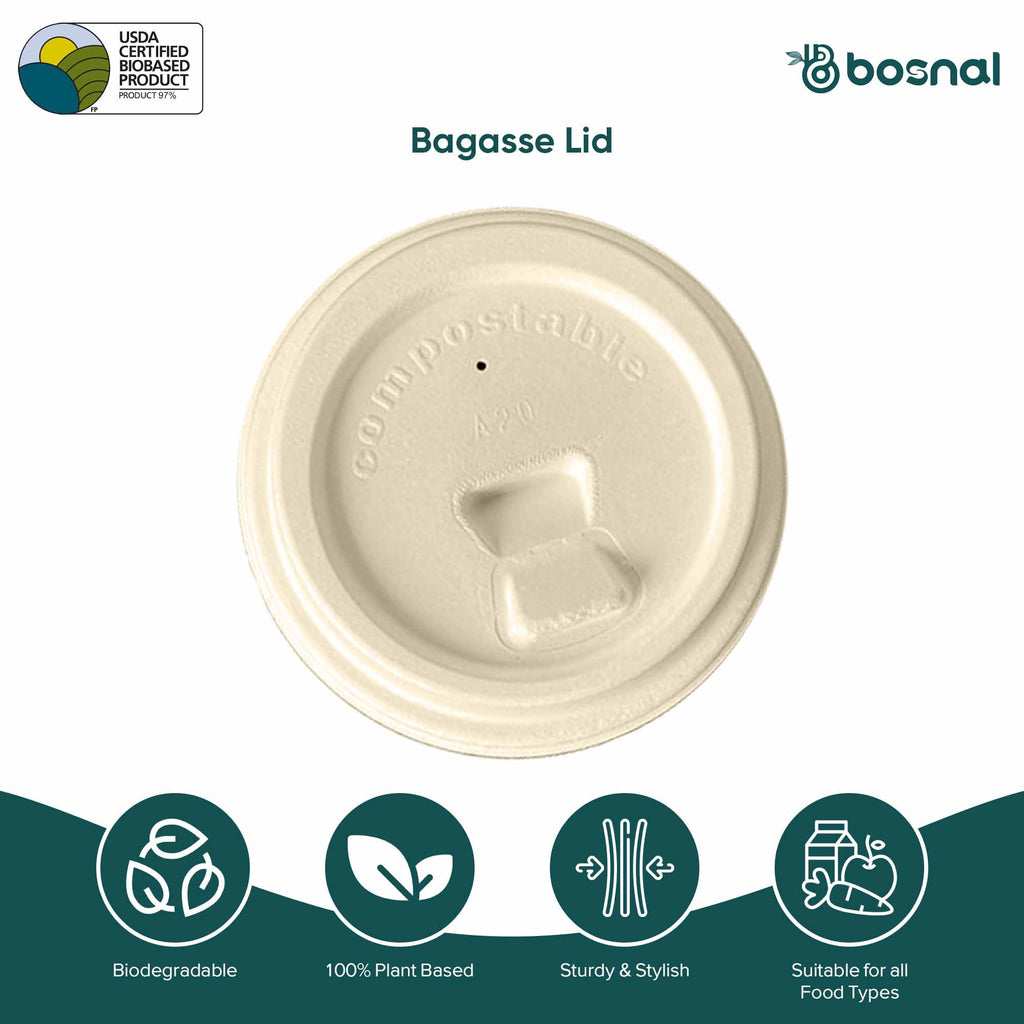 8 oz Cup Compostable Lids 500 Pcs, 100% Sugarcane Bagasse, Eco-Friendly, Plastic-Free, Secure Fit for Hot & Cold Drinks