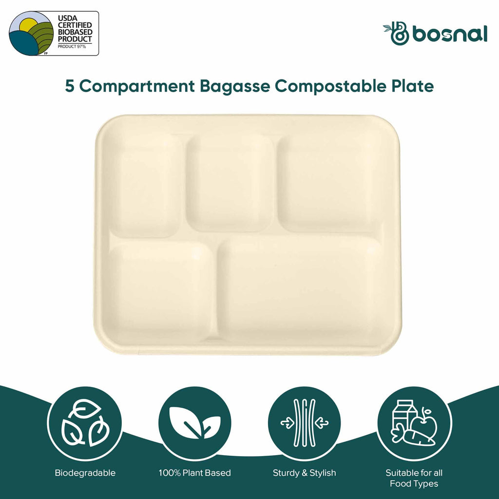 5 Compartment Compostable Trays, 400 Pcs, 100% Sugarcane Bagasse, Eco-Friendly Meal Trays, Microwave Safe, BPA-Free, Sturdy