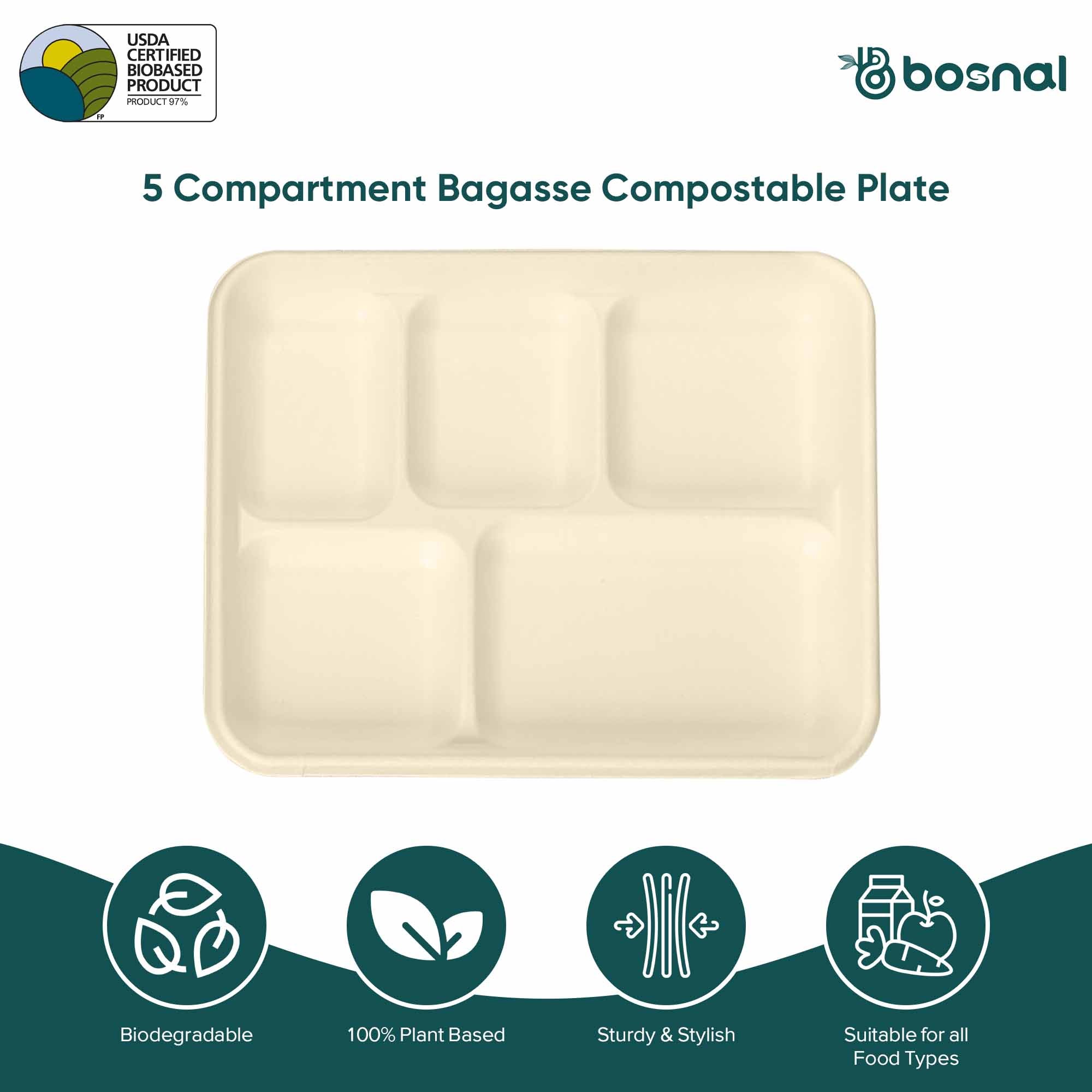5 Compartment Compostable Trays, 400 Pcs, 100% Sugarcane Bagasse, Eco-Friendly Meal Trays, Microwave Safe, BPA-Free, Sturdy