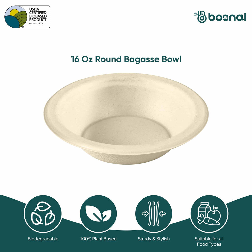 16 Oz Round Bagasse Compostable Bowls – 500 Pcs, 100% Sugarcane Pulp, Biodegradable, Durable for Hot & Cold Foods, Microwave Safe