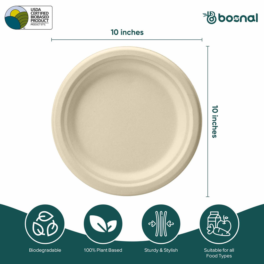 10 Inch Round Compostable Plates – 500 Pcs, 100% Sugarcane Bagasse, Eco-Friendly Disposable Plates for Hot & Cold Meals, Microwave Safe, BPA-Free, Sturdy