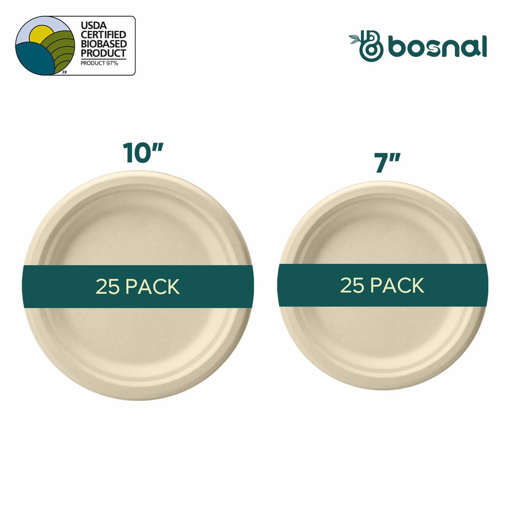 10 Inch & 7 Inch Round Plates, 100% Plant-Based Sugarcane Bagasse, Compostable, Microwave Safe, Eco-Friendly Disposable Plates