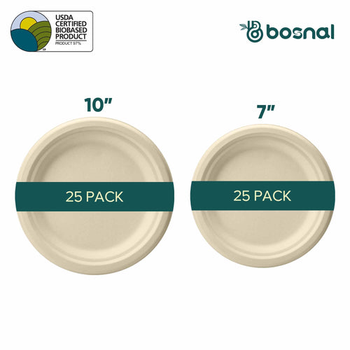 10 Inch & 7 Inch Round Plates, 100% Plant-Based Sugarcane Bagasse, Compostable, Microwave Safe, Eco-Friendly Disposable Plates