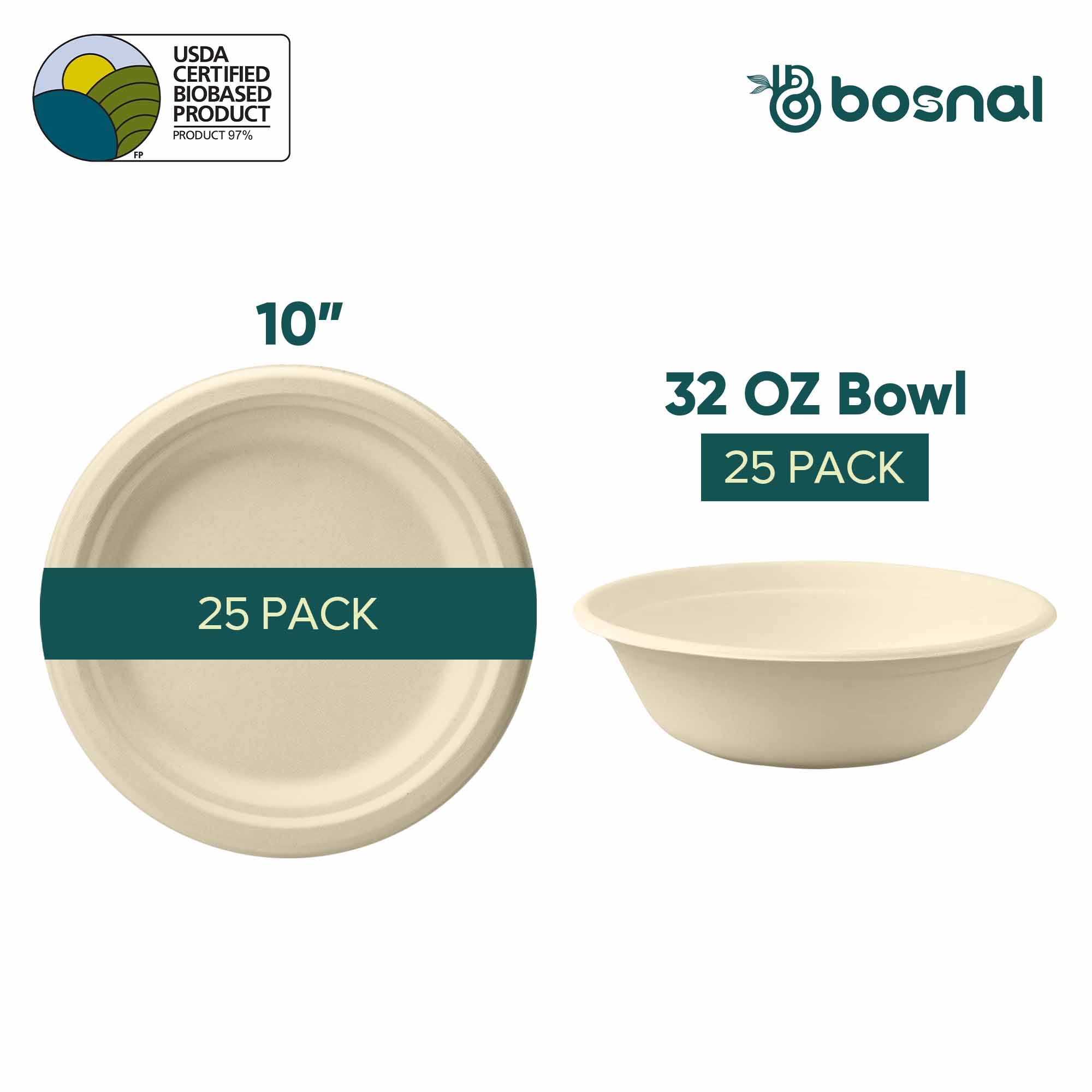 10 Inch Round Plates with 32 Oz Bowls, Sugarcane Bagasse Compostable Dinnerware, Eco-Friendly, Microwave Safe, BPA-Free