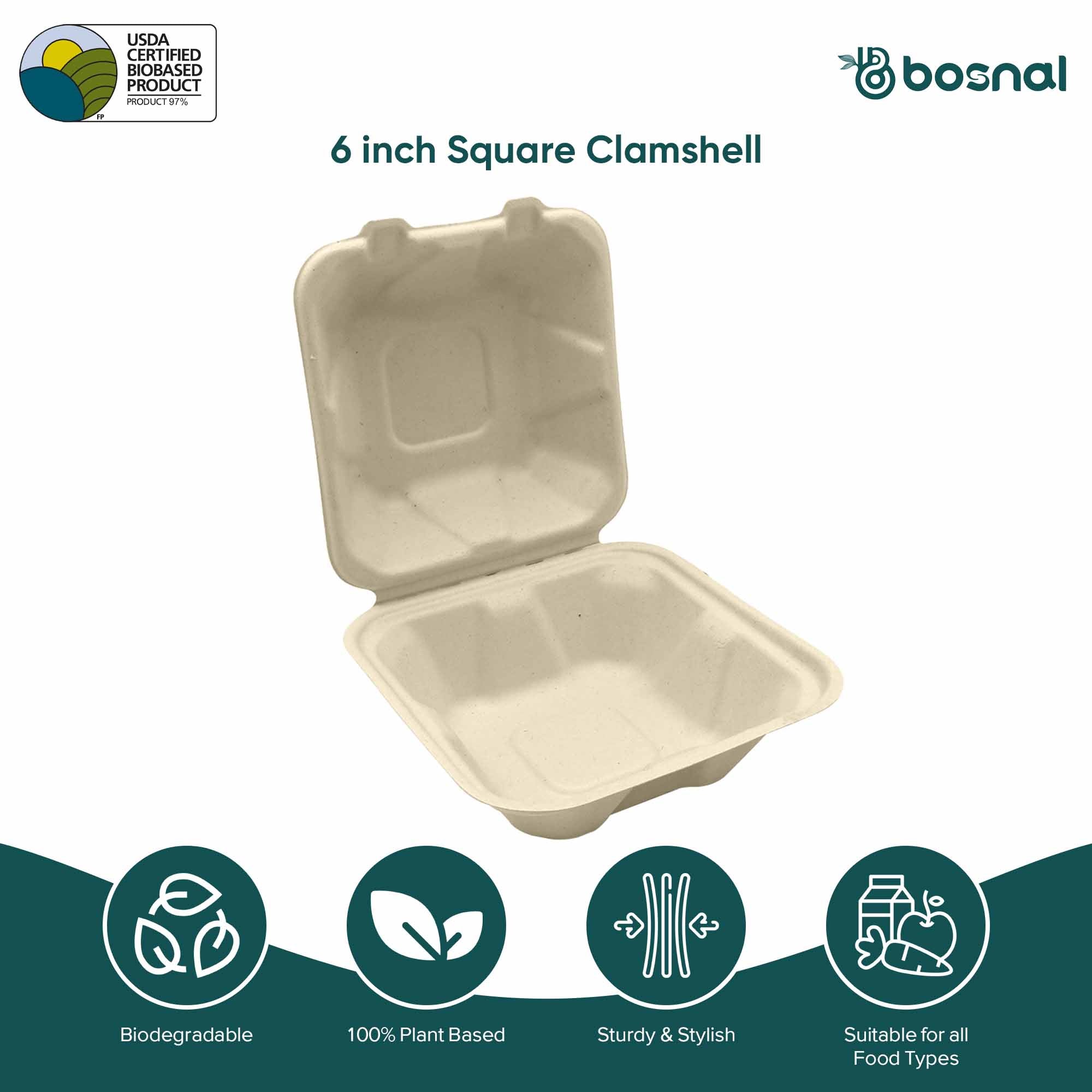 6 Inch Square Compostable Clamshell Containers, 100% Sugarcane Bagasse Takeout Boxes, Microwave Safe, Eco-Friendly, Leak-Resistant