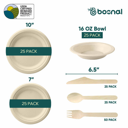 10 Inch & 7 Inch Round Plates with 16 oz Bowls & Cutlery, 100% Plant-Based Sugarcane Bagasse, Compostable, Microwave Safe