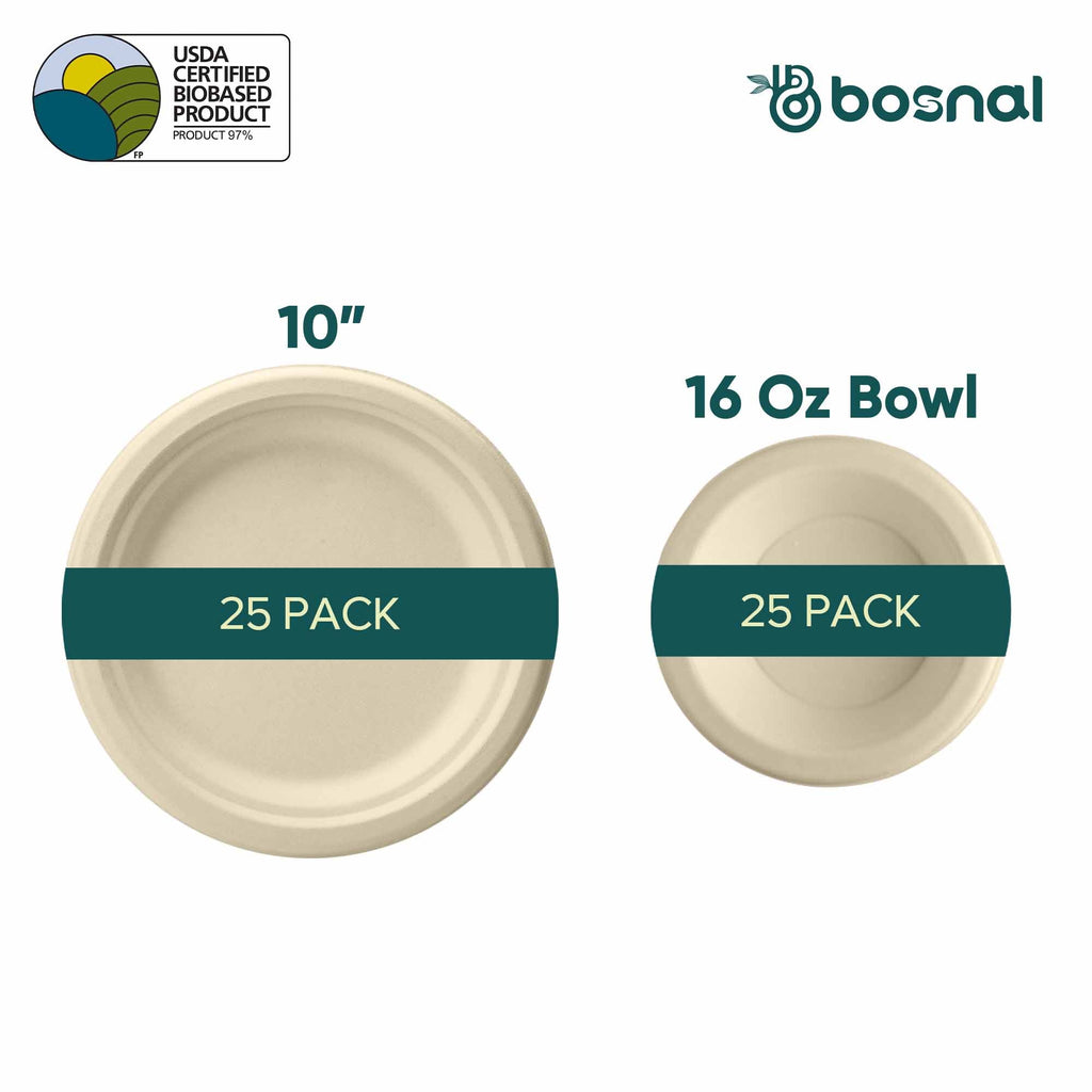 10 Inch Round Plates with 16 oz Bowls, 100% Plant-Based Sugarcane Bagasse, Compostable, Microwave Safe, Eco-Friendly Dinnerware