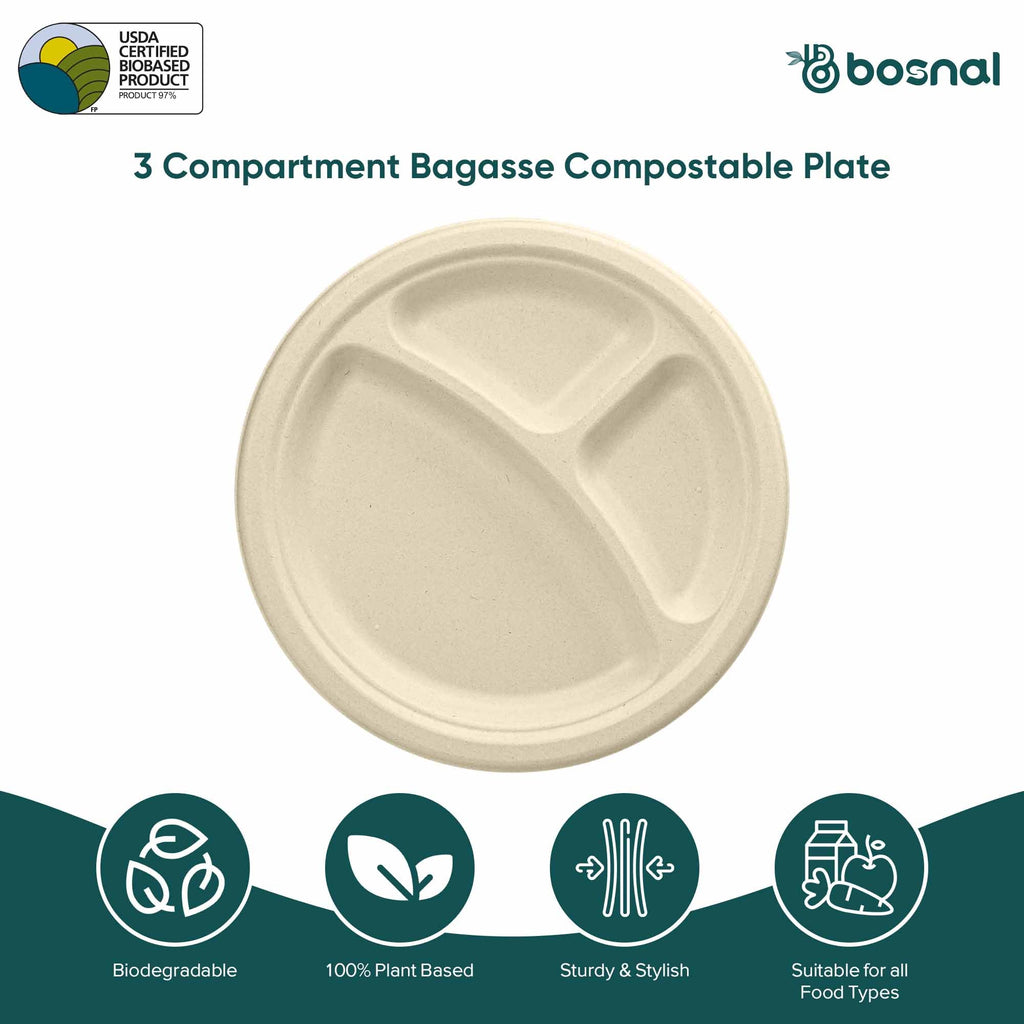 10 Inch Round 3-Compartment Compostable Plates, 500 Pcs, 100% Sugarcane Bagasse, Microwave Safe, BPA-Free, Leak-Resistant