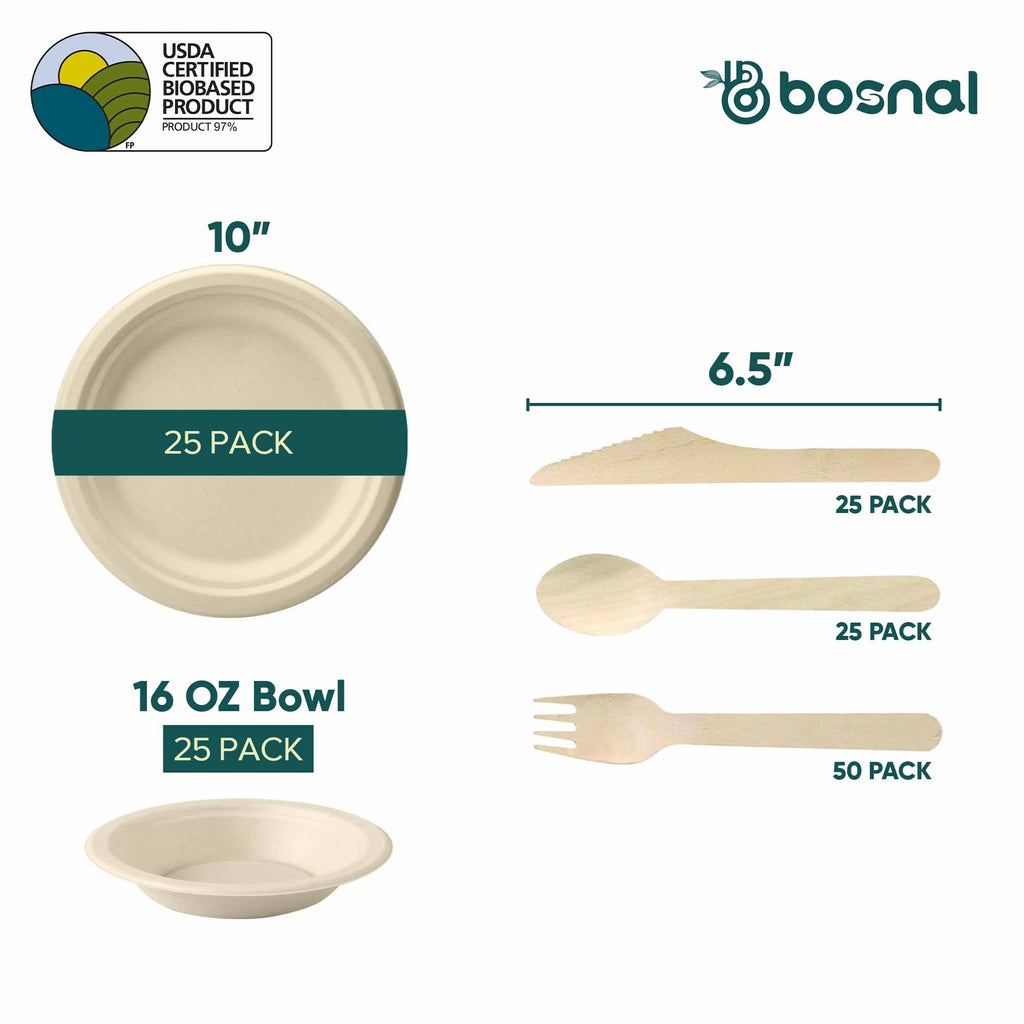 10 Inch Round Plates with 16 Oz Bowls & Cutlery, 100% Plant-Based Sugarcane Bagasse, Compostable, Eco-Friendly, Microwave Safe