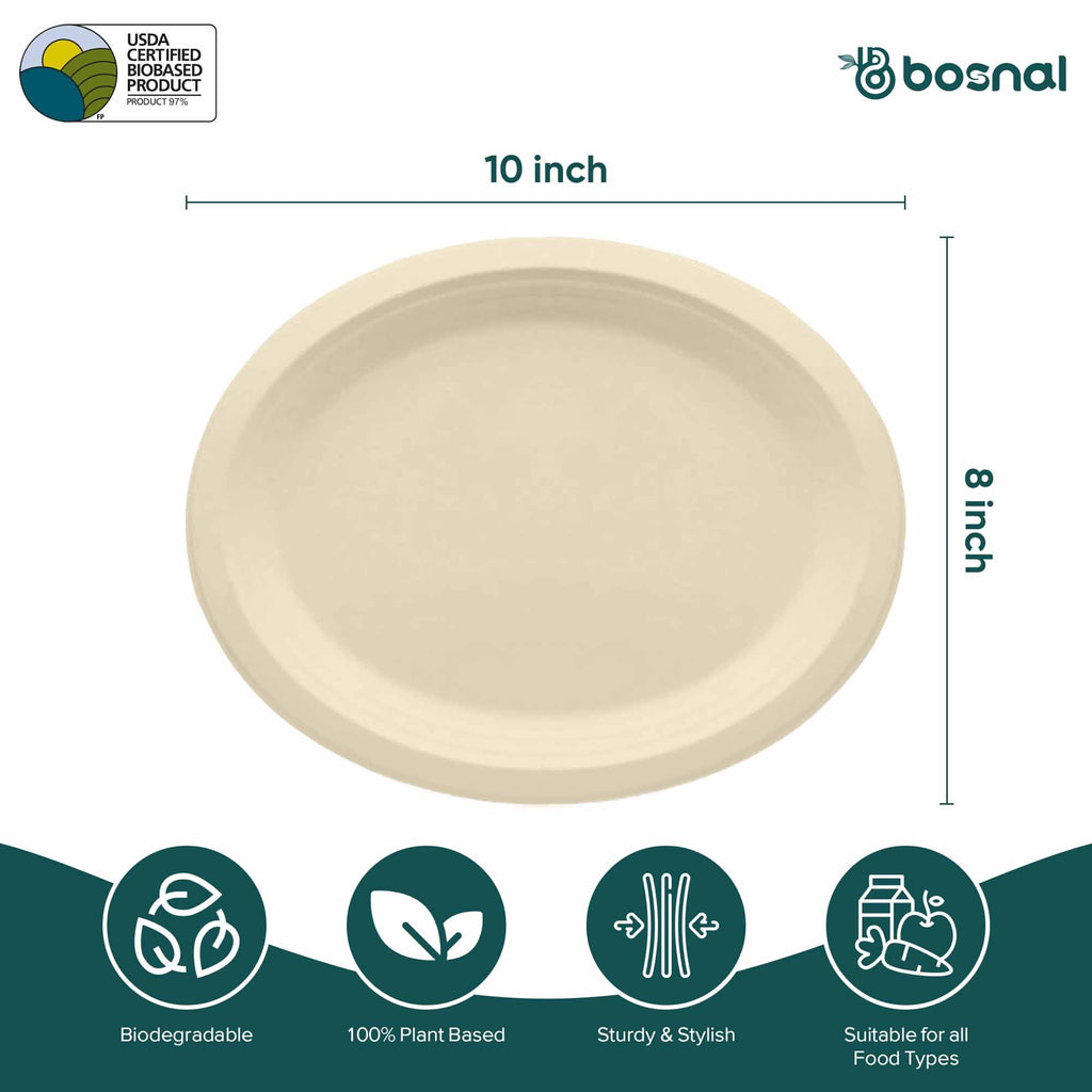 10 Inch Oval Compostable Plates – 500 Pcs, 100% Sugarcane Bagasse, Eco-Friendly Disposable Plates, Microwave Safe, BPA-Free, Sturdy