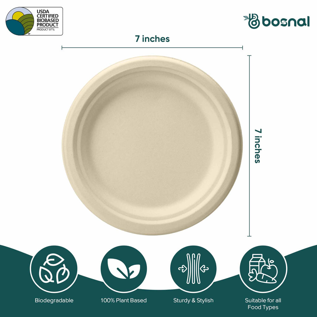 7 Inch Round Compostable Plates – 500 Pcs, 100% Sugarcane Bagasse, Eco-Friendly Disposable Plates for Hot & Cold Meals, Microwave Safe, BPA-Free, Sturdy