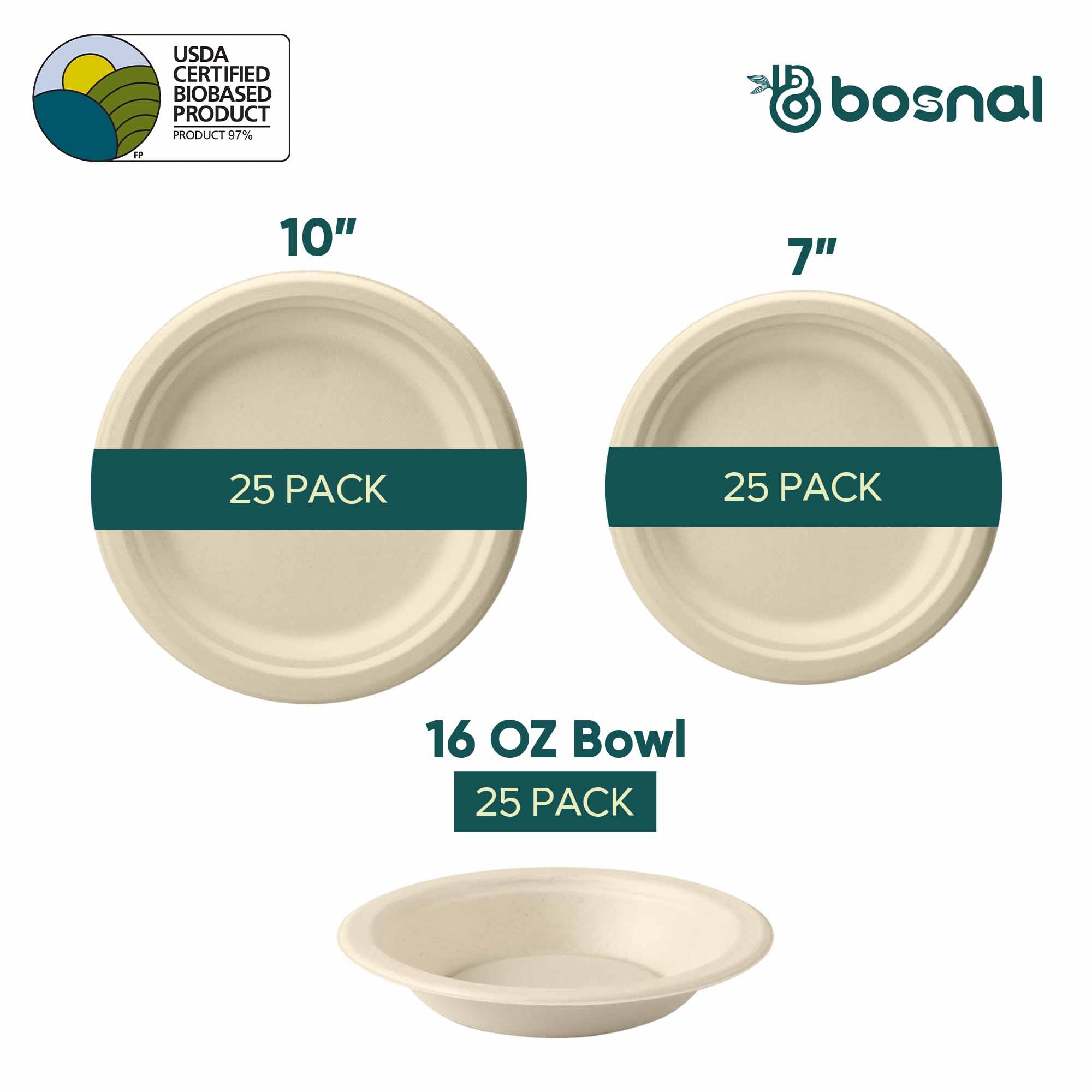 10 Inch & 7 Inch Round Plates with 16 oz Bowls, 100% Plant-Based Sugarcane Bagasse, Compostable, Microwave Safe Dinnerware