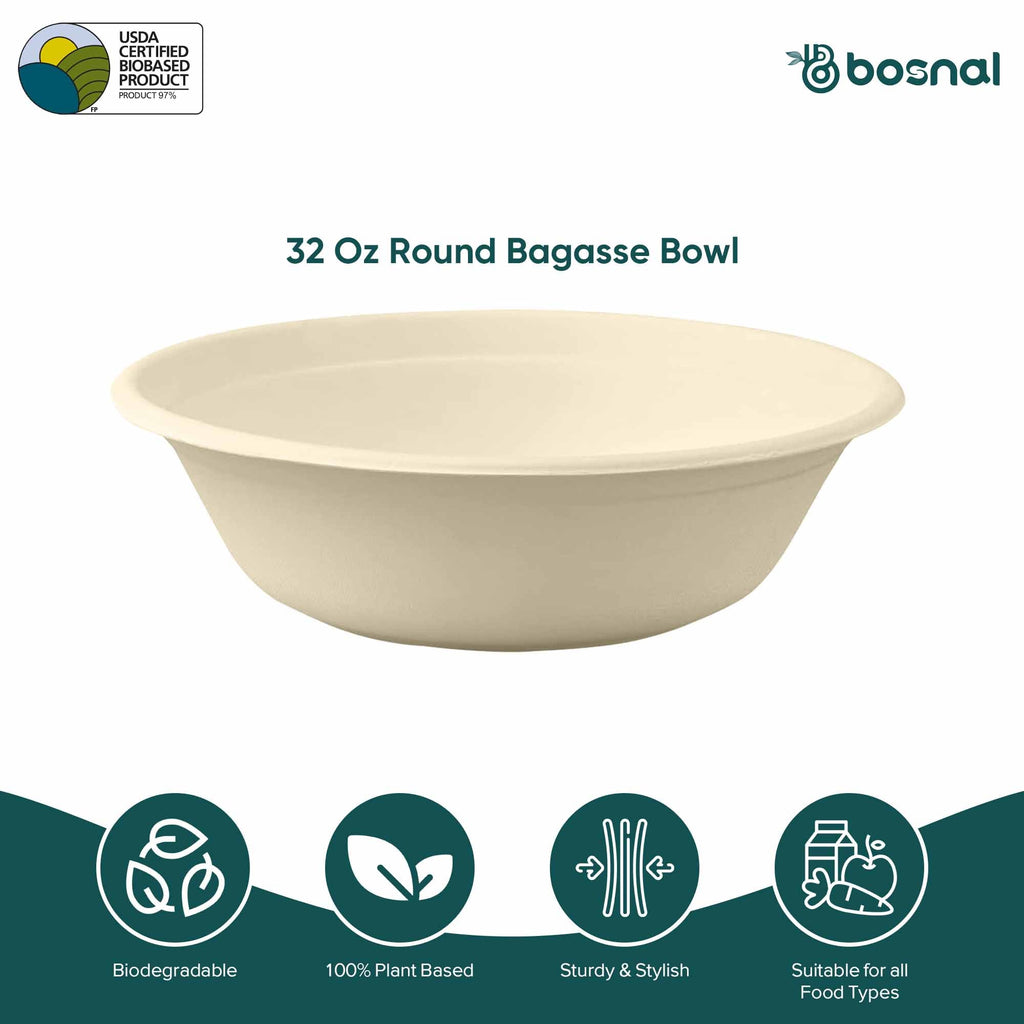 32 Oz Round Sugarcane Bagasse Compostable Bowls, Eco-Friendly Disposable Bowls, Microwave Safe, BPA-Free, Leak-Resistant