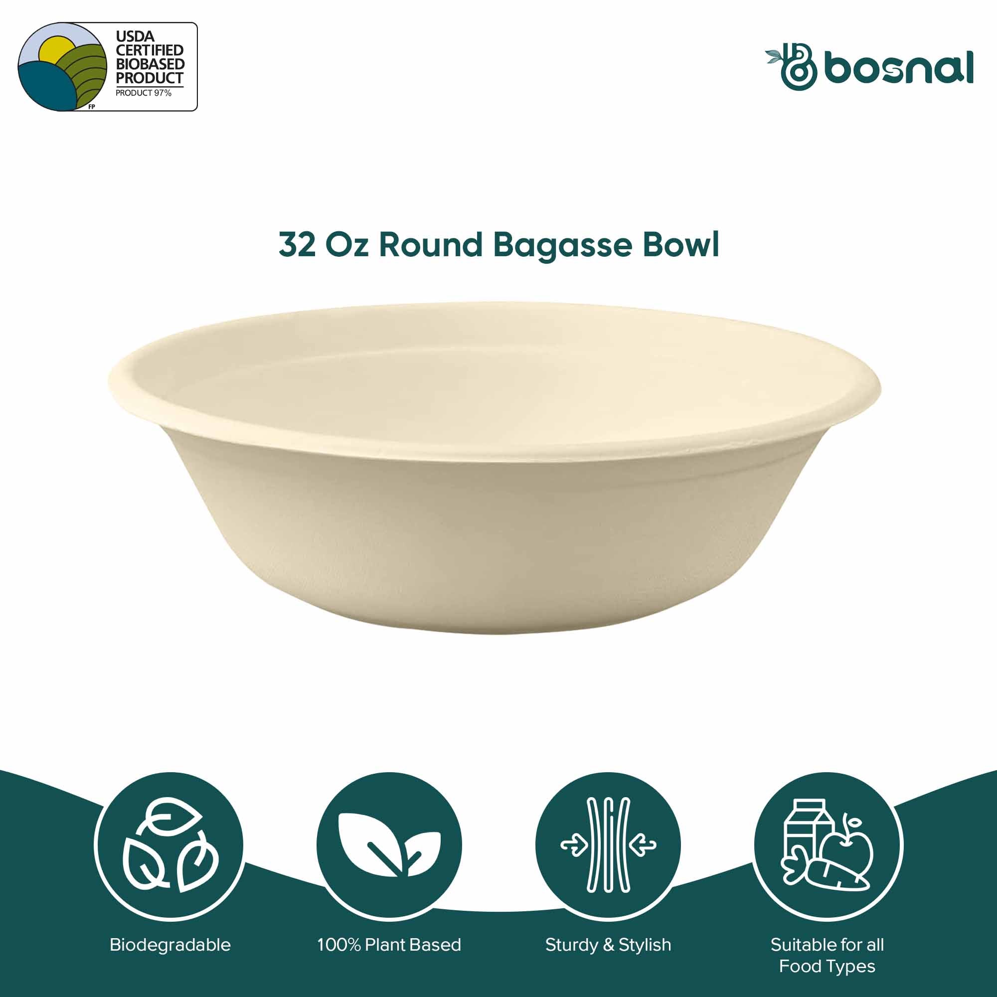 32 Oz Round Sugarcane Bagasse Compostable Bowls, Eco-Friendly Disposable Bowls, Microwave Safe, BPA-Free, Leak-Resistant
