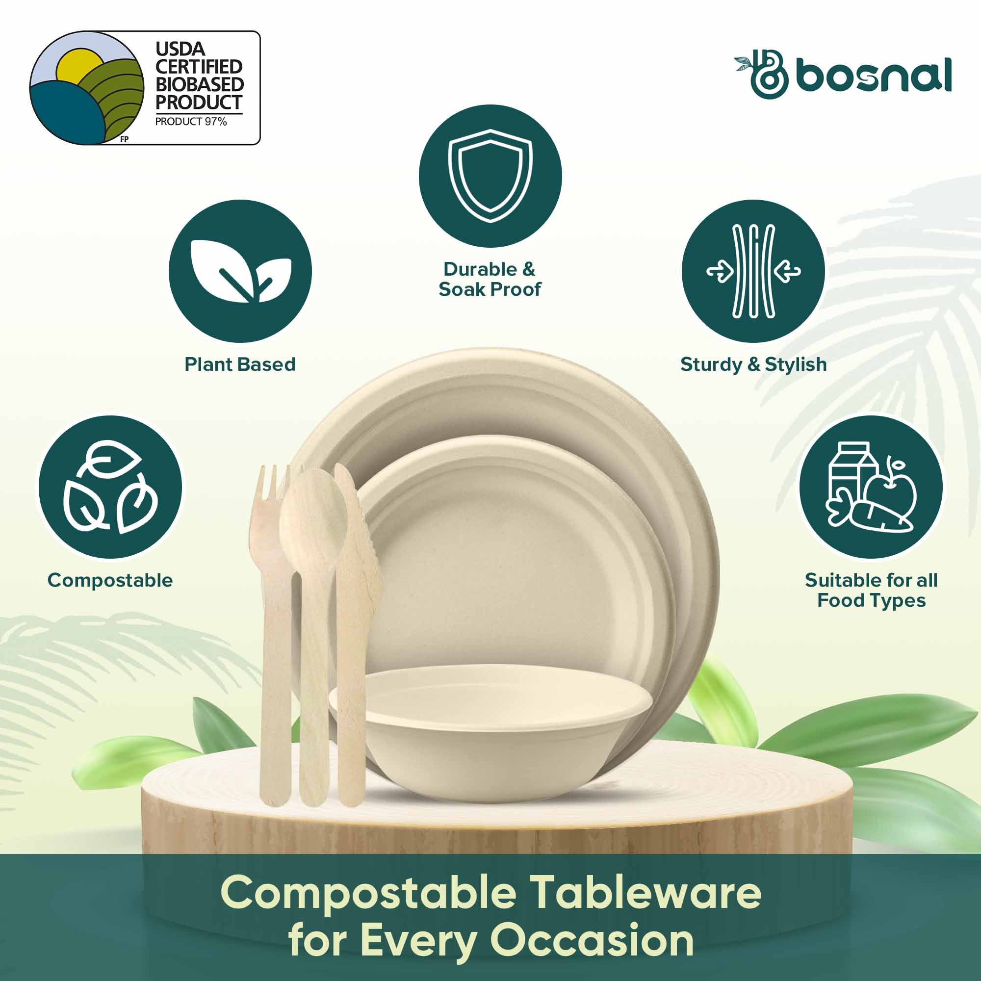 10 Inch & 7 Inch Round Plates with 16 oz Bowls & Cutlery, 100% Plant-Based Sugarcane Bagasse, Compostable, Microwave Safe