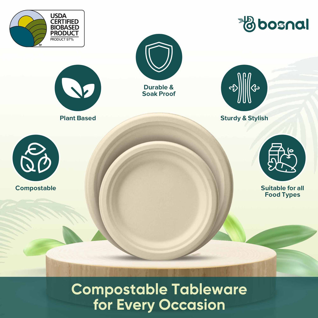 10 Inch & 7 Inch Round Plates, 100% Plant-Based Sugarcane Bagasse, Compostable, Microwave Safe, Eco-Friendly Disposable Plates