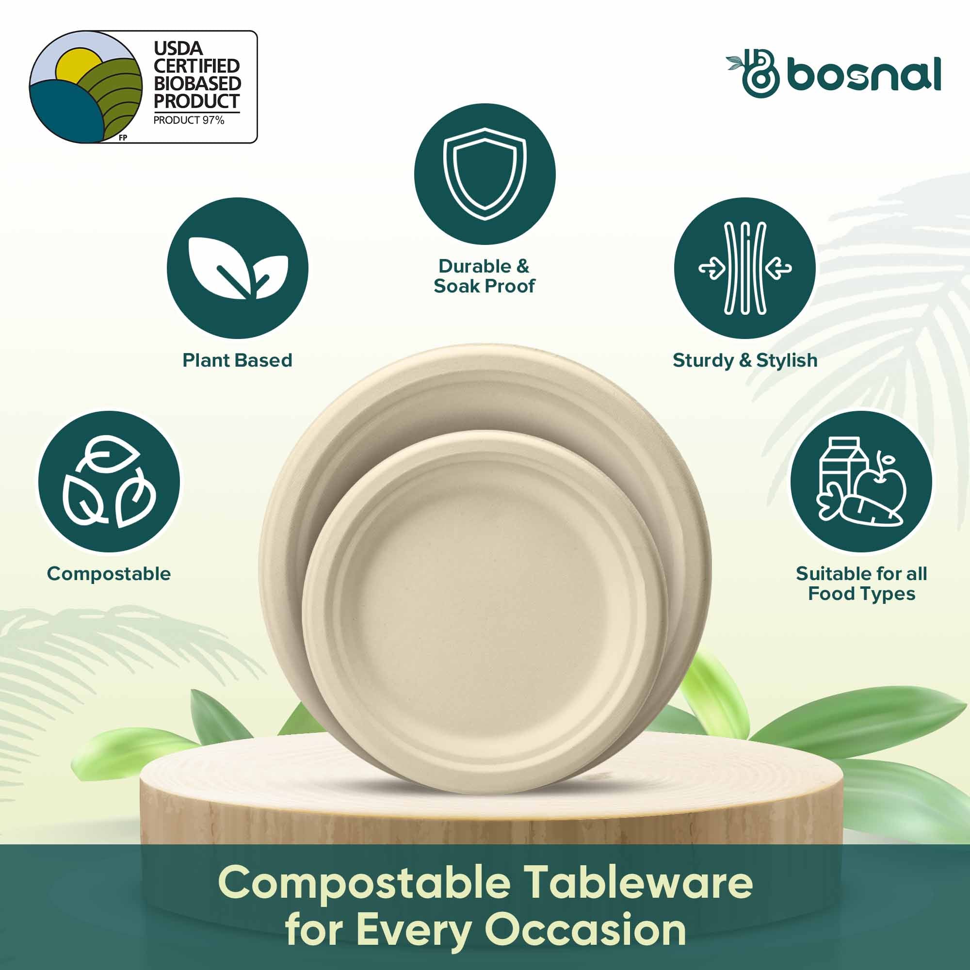 10 Inch & 7 Inch Round Plates, 100% Plant-Based Sugarcane Bagasse, Compostable, Microwave Safe, Eco-Friendly Disposable Plates