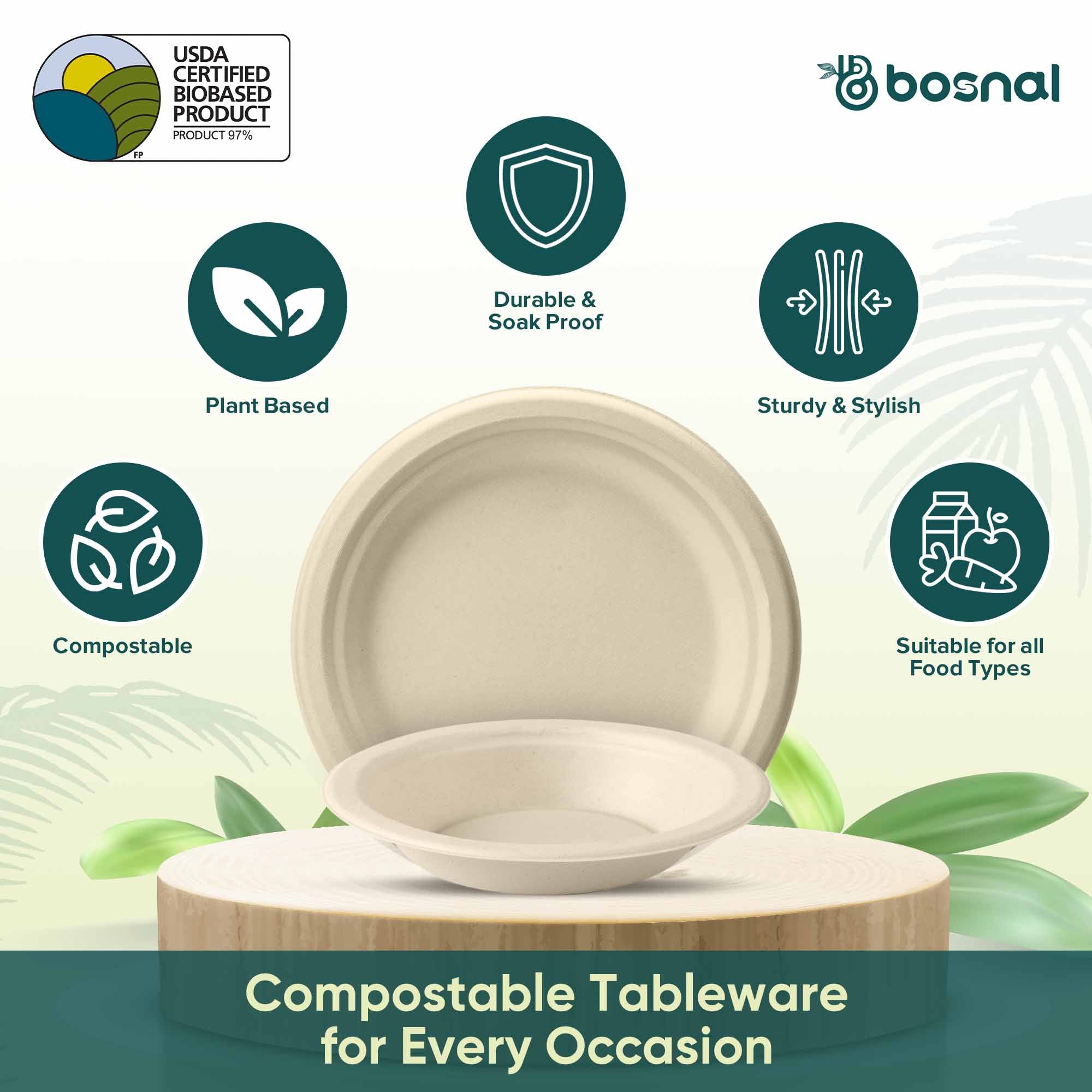 10 Inch Round Plates with 16 oz Bowls, 100% Plant-Based Sugarcane Bagasse, Compostable, Microwave Safe, Eco-Friendly Dinnerware