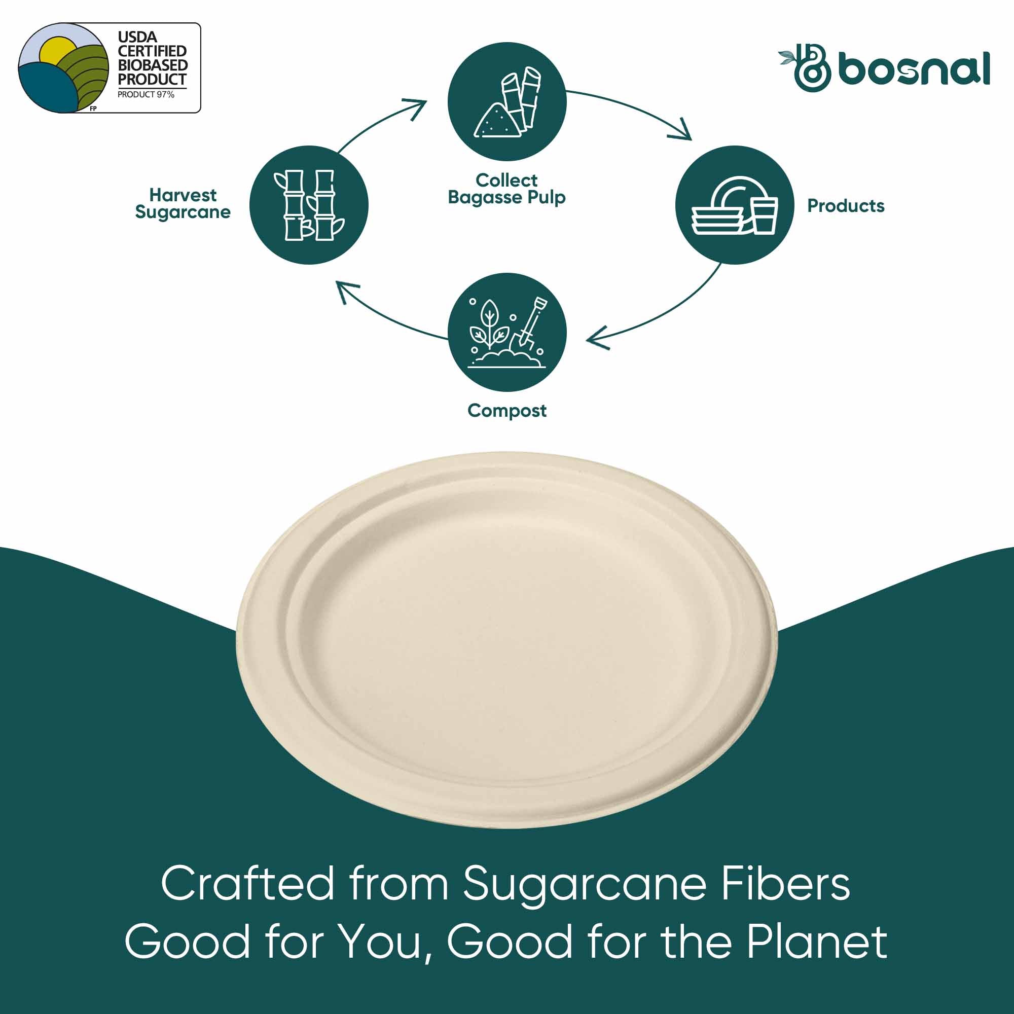 7 Inch Round Compostable Plates – 500 Pcs, 100% Sugarcane Bagasse, Eco-Friendly Disposable Plates for Hot & Cold Meals, Microwave Safe, BPA-Free, Sturdy