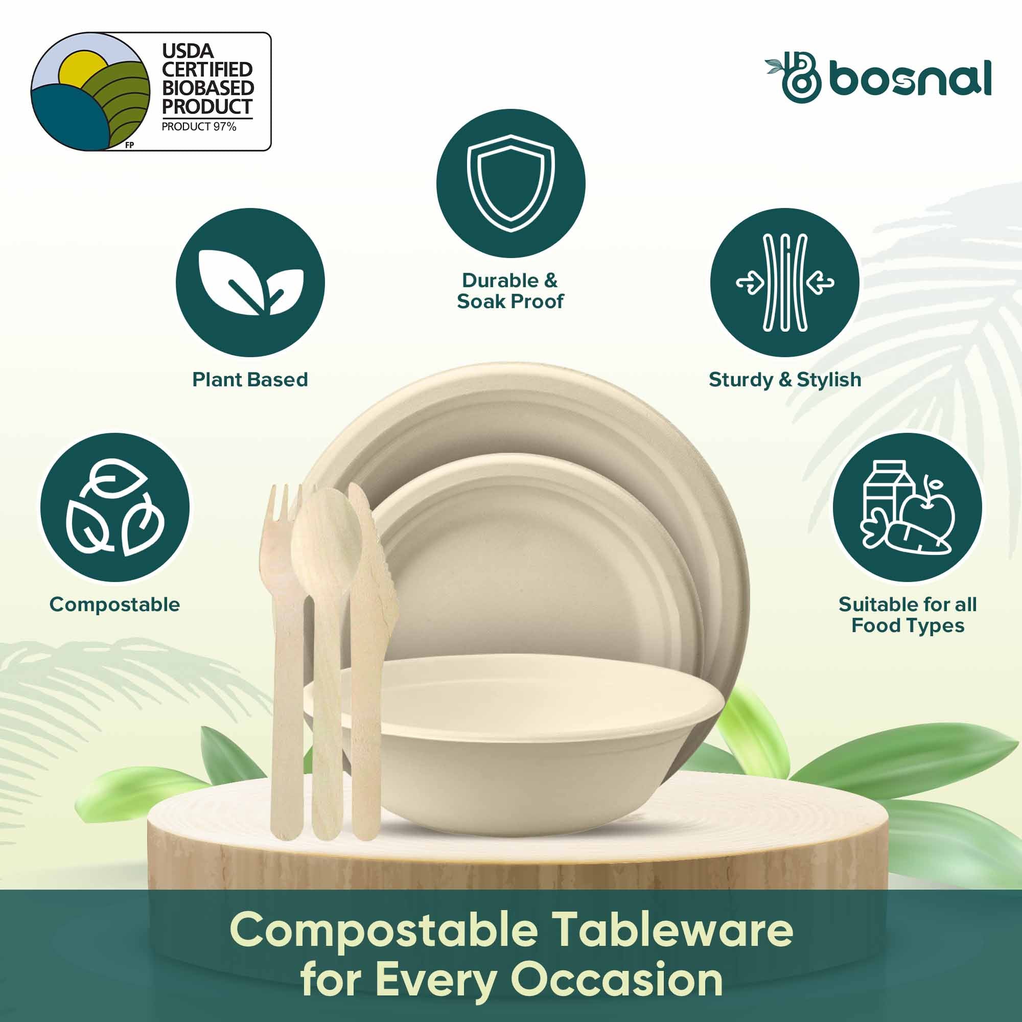 10 Inch & 7 Inch Round Plates with 32 oz Bowls, 100% Plant-Based Sugarcane Bagasse, Compostable, Microwave Safe Dinnerware
