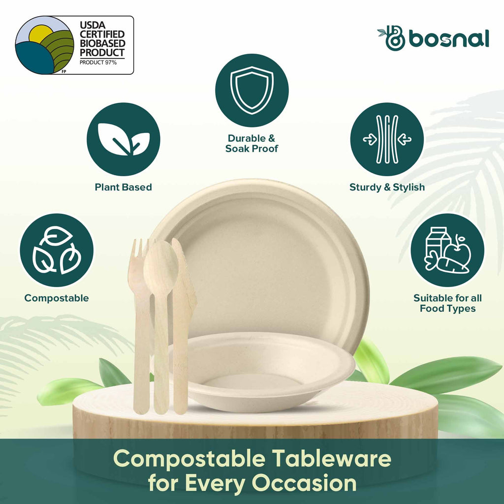 10 Inch Round Plates with 16 Oz Bowls & Cutlery, 100% Plant-Based Sugarcane Bagasse, Compostable, Eco-Friendly, Microwave Safe