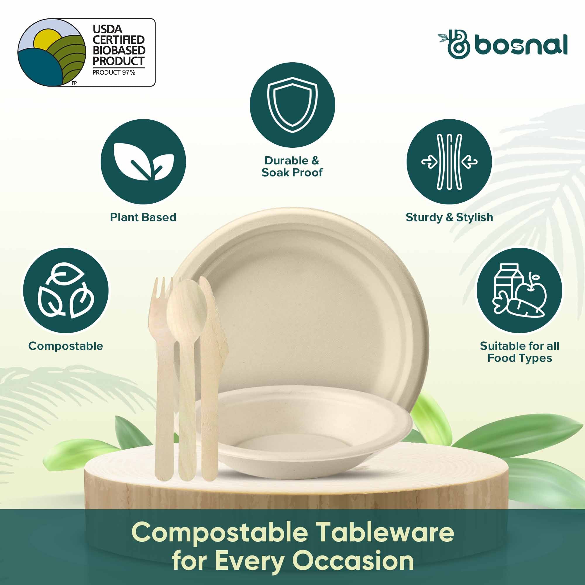 10 Inch Round Plates with 16 Oz Bowls & Cutlery, 100% Plant-Based Sugarcane Bagasse, Compostable, Eco-Friendly, Microwave Safe
